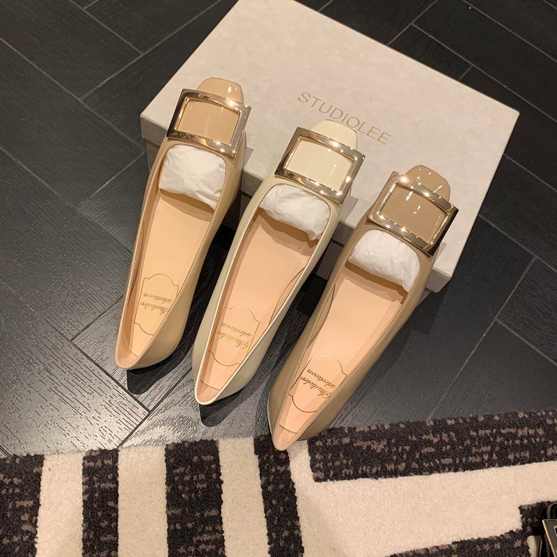 Grape Mom Studiolee Danish Girl ~ Classic Square Buckle Low-Cut Low Heel Flat Commuter Shoes High Heels - Image 2
