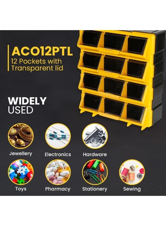 Alkon Plastic Component Organizer with 12 Pockets ACO 12PTL Small Parts Storage Unit | Organization Cabinet | Office Supplies | Stationary | Nuts, Screws & Bolts | Small Hardware | Workshop & Garage | DIY | Hobbies | Crafts | LEGO | Toys | Collectables | Sewing | Jewellery | Pharmacy | Medicine | Clinic | Hospital | Shop | Mobile | Electronics | Cables - Image 4