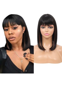 Kalyss Short Bob Wigs with Hair Bangs Black Wigs with Brown Highlights Heat Resistant Synthetic Straight Full Head Hair Wig for Women Natural Looking for Daily Wear  - Image 1