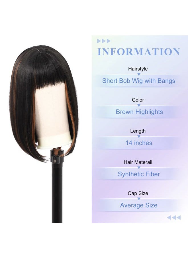Kalyss Short Bob Wigs with Hair Bangs Black Wigs with Brown Highlights Heat Resistant Synthetic Straight Full Head Hair Wig for Women Natural Looking for Daily Wear  - Image 2
