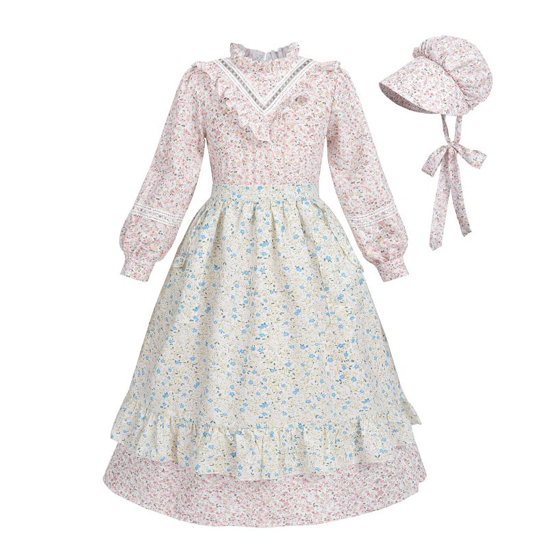 Nuoqi Pioneer Dresses for Girls Prairie Dress Long Colonial Costume 1800s Girls Victorian Dress Pink 45