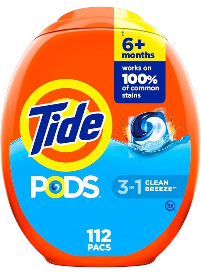 عبوات صابون منظفات الغسيل من تايد PODS، متوافقة مع HE، 112 قيراط، تنظيف قوي 3 في 1، نسيم نظيف