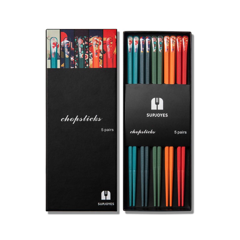SUPJOYES 5 Pairs Fiberglass Chopsticks Reusable Japanese Chopsticks Dishwasher Safe Colorful Chopsticks Gift Set with Different Asian Pattern NonSlip Chop Sticks