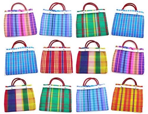 More Fiesta 12 Pcs Small Mexican Tote Mercado Bags 7.5 inch by 7.5 inch, Assorted Colors High Thread Mesh - Mini Mexican Mercado Candy Bags - Image 1