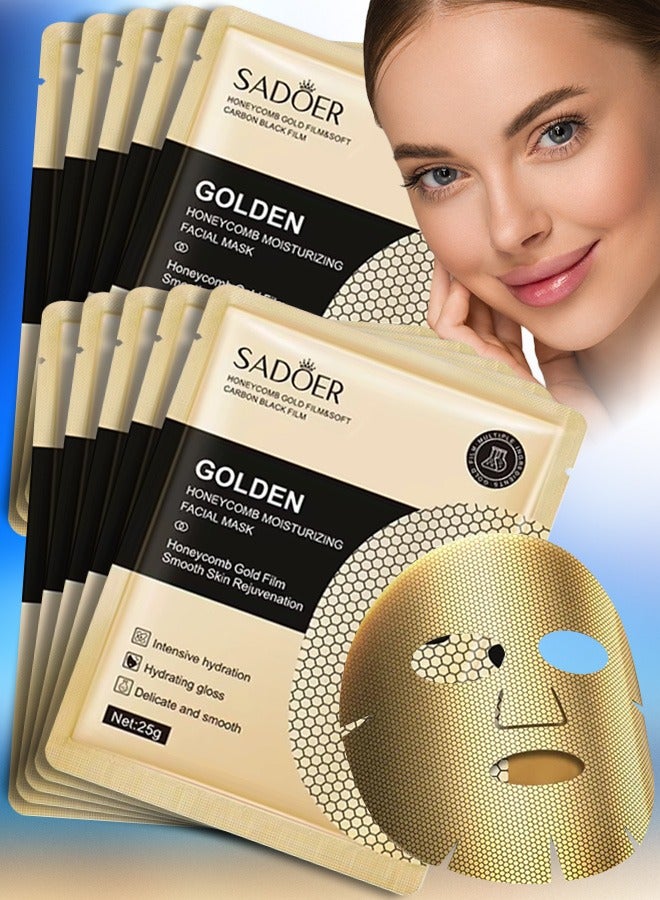 SADOER 10 Pcs Honeycomb Moisturizing Facial Mask Set Honeycomb Gold Film Smooth Skin Rejuvenation Hydrating Moisturizing Nourishing Smooth Skincare Face Mask Sheet For Women and Men for All Skin Types - Image 1