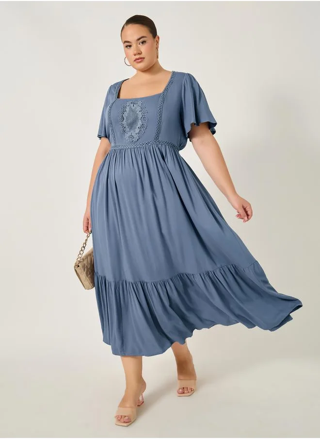 Styli Plus Size Embroidered Square Neck A-Line Maxi Dress