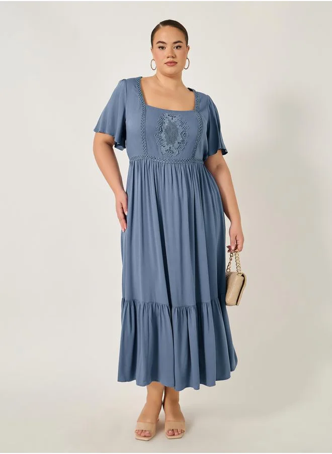 Styli Plus Size Embroidered Square Neck A-Line Maxi Dress