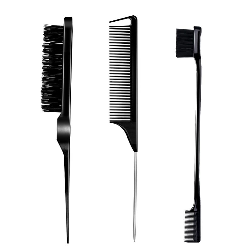 Goiple 3 Pieces Hair Styling Comb Set Teasing Brush Rat Tail Comb Edge Brush for Edge&Back Brushing, Combing, Slicking Hair for Women (Black) - Image 1