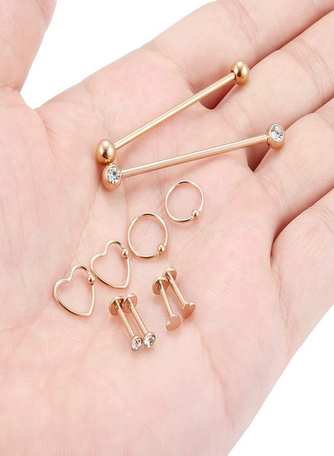 Hoeudjo 10pcs 16G 14G Surgical Steel Industrial Barbell Cartilage Earrings Hoop Helix Tragus Stud Labret Lip Medusa Monroe Rings Piercing Jewelry for Women Men Rose Gold - Image 3