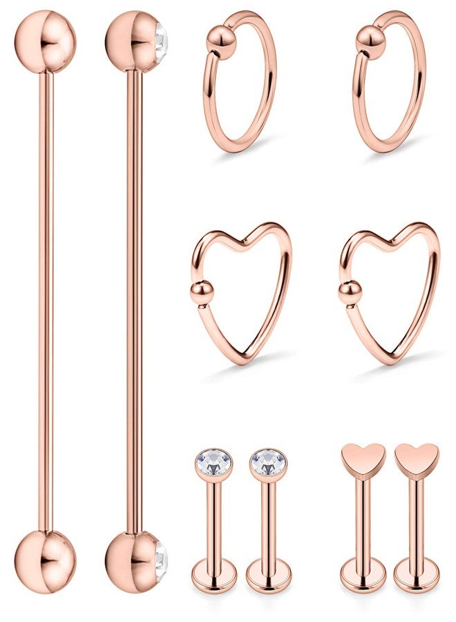 Hoeudjo 10pcs 16G 14G Surgical Steel Industrial Barbell Cartilage Earrings Hoop Helix Tragus Stud Labret Lip Medusa Monroe Rings Piercing Jewelry for Women Men Rose Gold - Image 1
