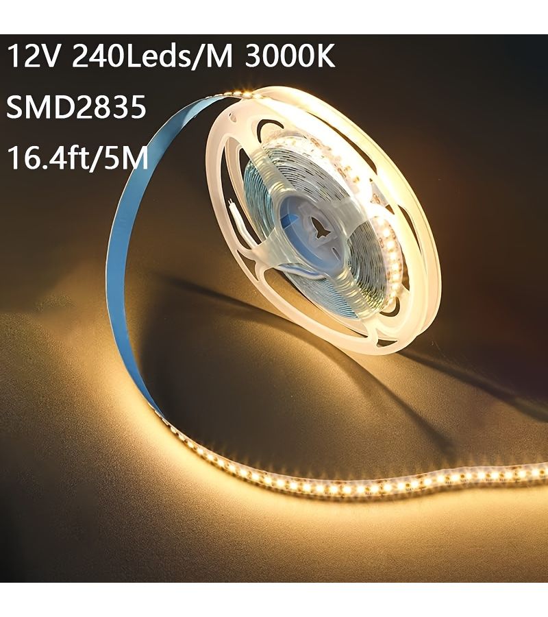 12V 240 لمبة LED 2835 5 أمتار لفافة ضوء أبيض دافئ 3000K شريط LED عالي الكثافة DC12V بعرض 10 مم - Image 3
