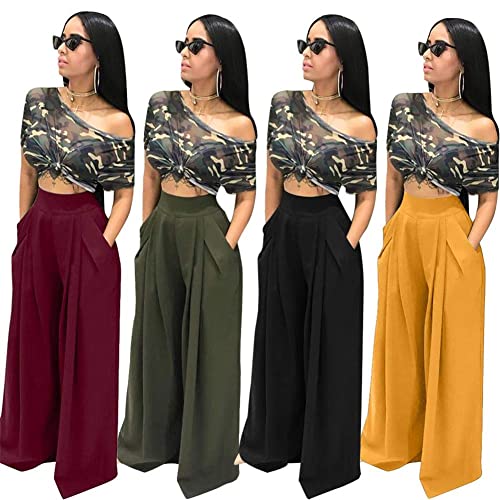 NRTHYE Womens Palazzo Long Pants High Waist Wide Leg Stretchy Loose Fit Casual Trousers with Pocket - Image 2