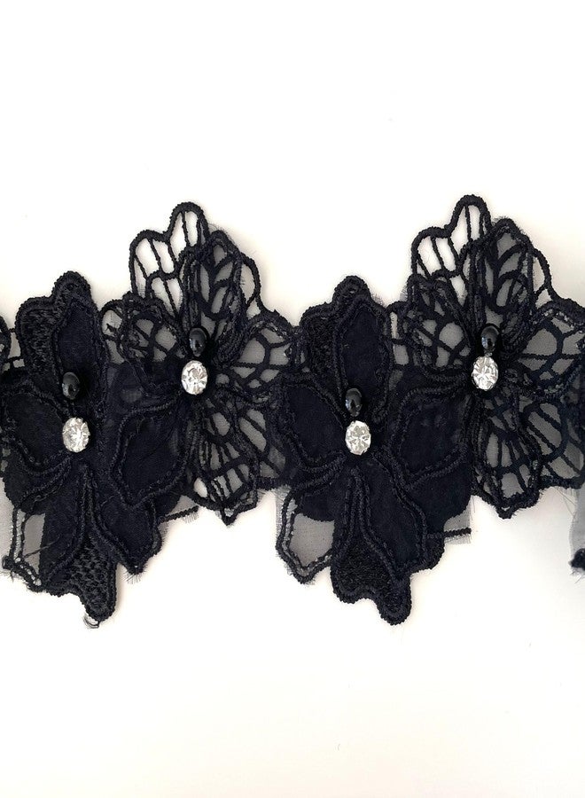 BUYSK 2 Yards 3D Pearl Beads Flower Lace Trim Ribbon Floral Applique Embroidered Lace Fabric for Sewing DIY Crafts (Black) - Image 2
