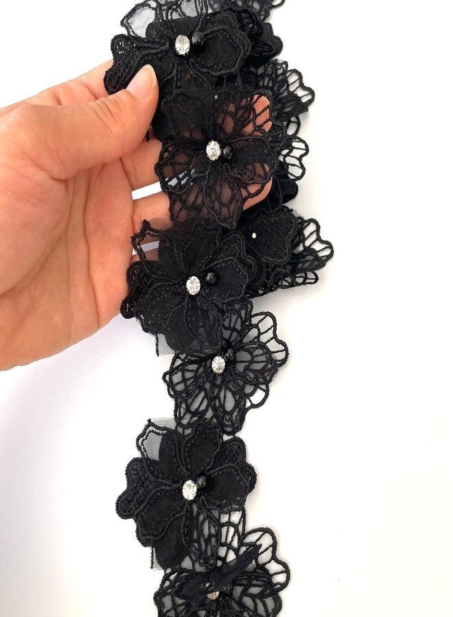 BUYSK 2 Yards 3D Pearl Beads Flower Lace Trim Ribbon Floral Applique Embroidered Lace Fabric for Sewing DIY Crafts (Black) - Image 4