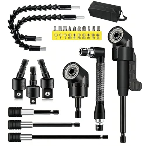 DOOOYU 21 Pcs Right Angle Drill Attachment Set Includes 2Pcs Flexible Drill Bit Extension 3Pcs 360° Rotatable 1/4 3/8 1/2" Impact Grade Socket Adapter 3Pcs Drill Bit Holder 10 Short Screwdriver Bits - Image 1