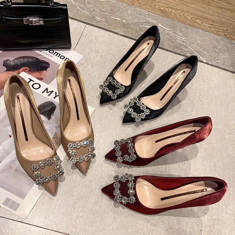 Pointed High Heels Satin All-Match Rhinestone French Girl Shoes Stiletto Heel Red Wedding Shoes - Image 5