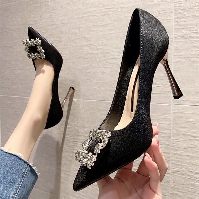 Pointed High Heels Satin All-Match Rhinestone French Girl Shoes Stiletto Heel Red Wedding Shoes - Image 3