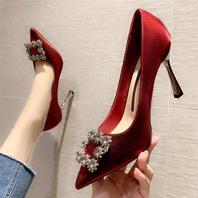 Pointed High Heels Satin All-Match Rhinestone French Girl Shoes Stiletto Heel Red Wedding Shoes - Image 2