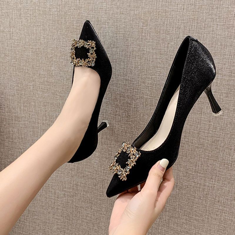 Pointed High Heels Satin All-Match Rhinestone French Girl Shoes Stiletto Heel Red Wedding Shoes - Image 1