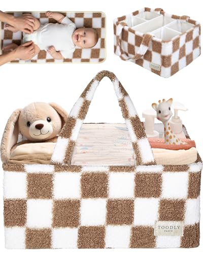 Toodly Checkered Diaper Caddy Organizer with Portable Changing Mat Teddy Fleece Diaper Organizer for Changing Table Caddy Organizer with Removable Dividers Light Taupe and White - Image 1