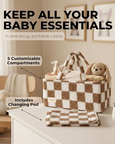 Toodly Checkered Diaper Caddy Organizer with Portable Changing Mat Teddy Fleece Diaper Organizer for Changing Table Caddy Organizer with Removable Dividers Light Taupe and White - Image 3