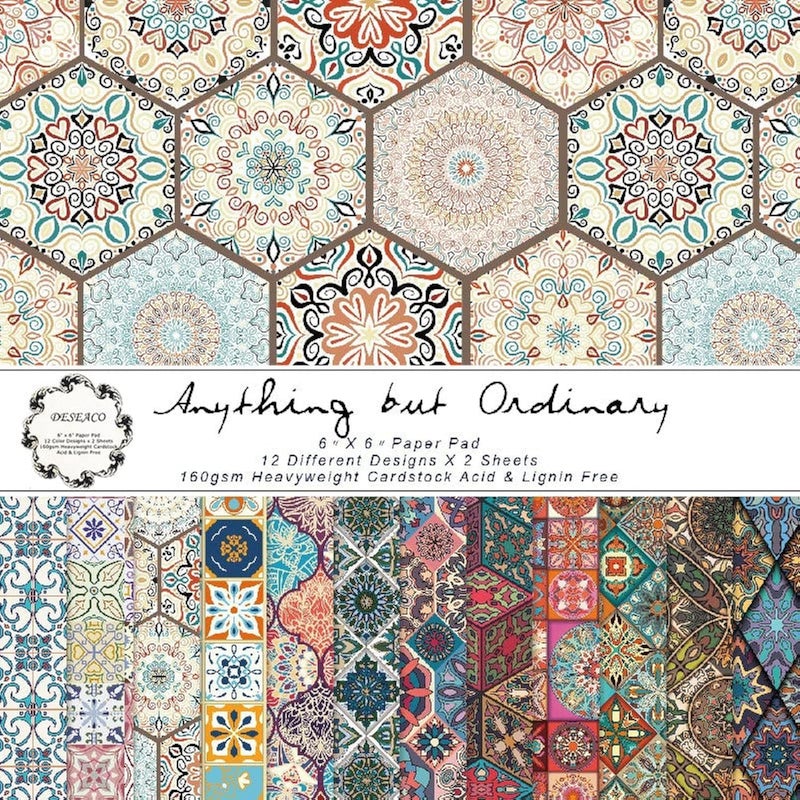 DESEACO Groovy Boho Tribal Scrapbook Pad – 24 Bohemian Sheets for Scrapbooking, Junk Journals, Collage, Decoupage, Card Making & Mixed Media, 6x6 Single-Sided Craft Paper - Image 1