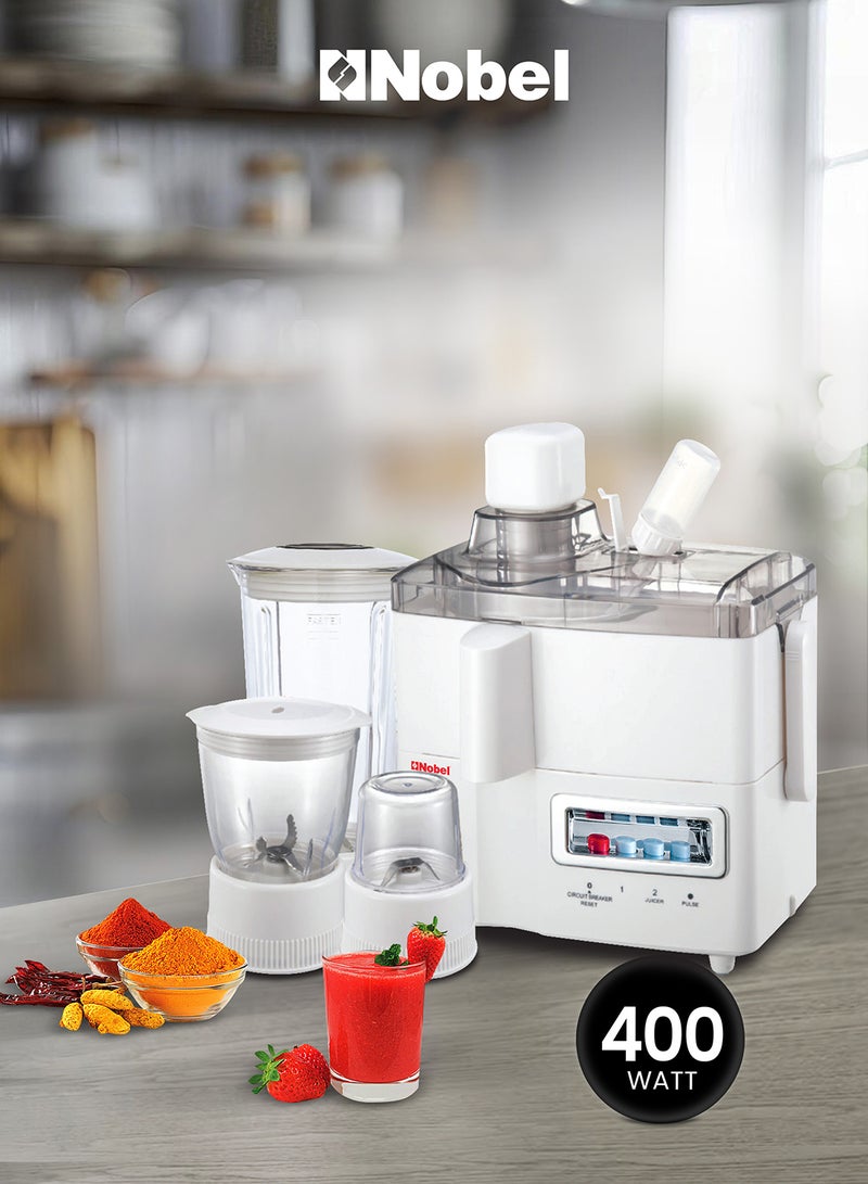 Nobel 4 in 1 Juicer and Food Factory with 1 Litre Capacity and has Spinner Chopper & Dry Mill 400W 2 Speed - Pulse Grinder, Chopper, Blender, Juicer, Unbreakable Jar & Anti Slip Feet 1 L 400 W NJ176G4 White - Image 1