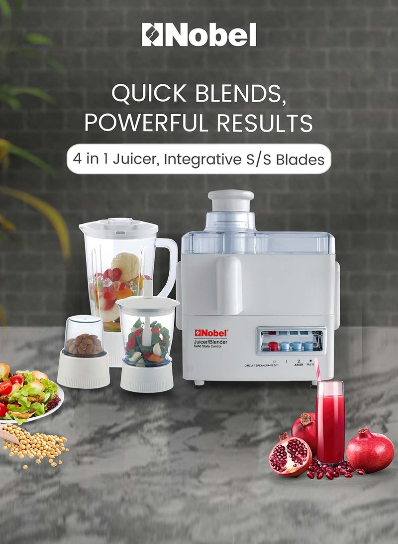 Nobel 4 in 1 Juicer and Food Factory with 1 Litre Capacity and has Spinner Chopper & Dry Mill 400W 2 Speed - Pulse Grinder, Chopper, Blender, Juicer, Unbreakable Jar & Anti Slip Feet 1 L 400 W NJ176G4 White - Image 2