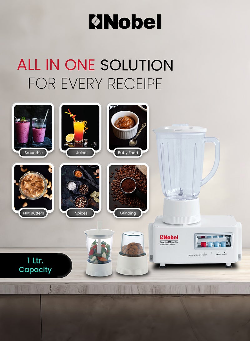 Nobel 4 in 1 Juicer and Food Factory with 1 Litre Capacity and has Spinner Chopper & Dry Mill 400W 2 Speed - Pulse Grinder, Chopper, Blender, Juicer, Unbreakable Jar & Anti Slip Feet 1 L 400 W NJ176G4 White - Image 3