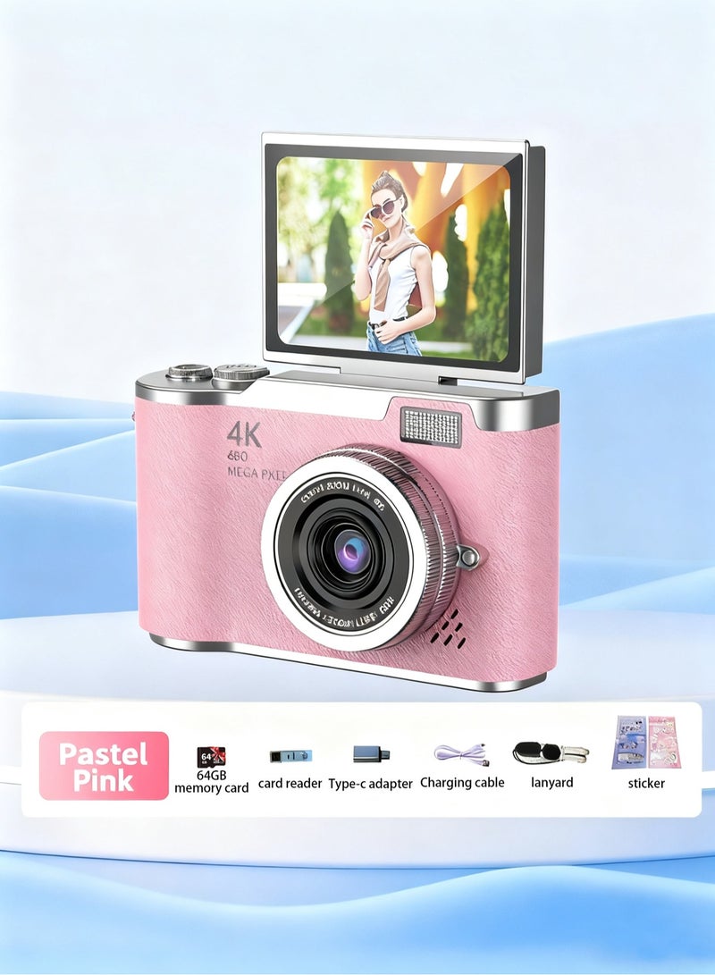 OasisLink 4K CCD digital high-definition children's photography camera, easy to carry, a high-quality gift for children's birthdays and holidays, 180° flip screen selfie camera, 64GB memory card and card reader, and other gifts - Image 1