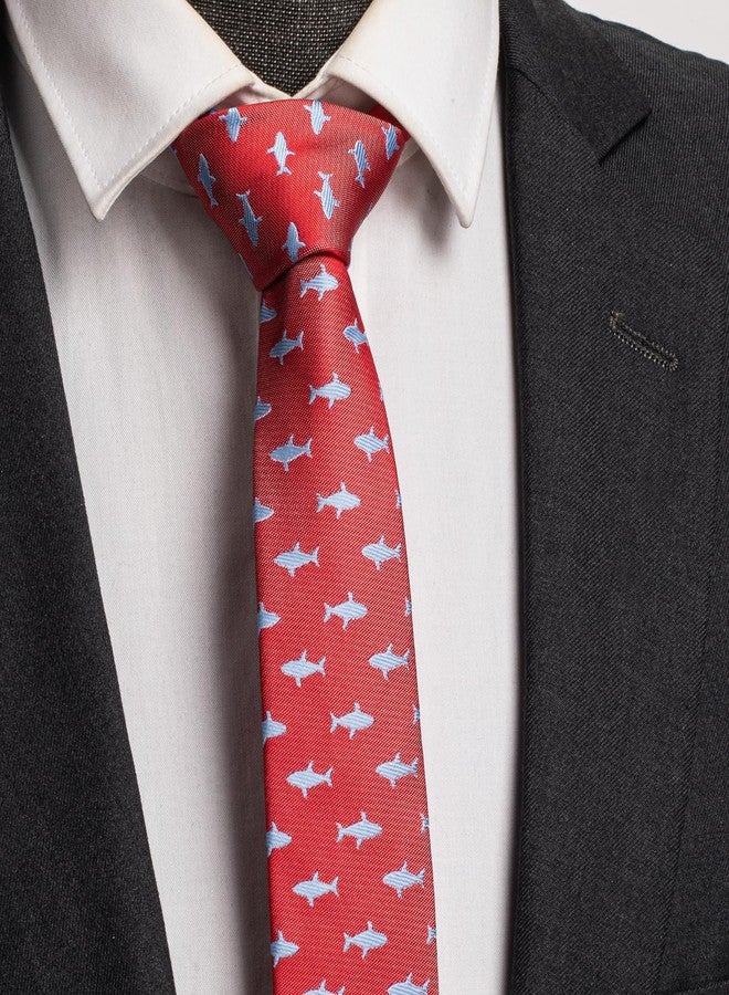 هاوسن ربطات عنق رجالية من هاوسون بتصميم سمكة قرش حمراء، مقاس 2.5 بوصة، بنمط سمكة قرش بحرية، رفيعة، مصنوعة من البوليستر الجاكار، هدايا مبتكرة ومضحكة، مناسبة لصيادي الأسماك وقادة السفن البحرية. - Image 2