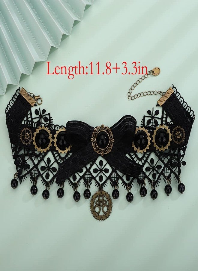 Wiwpar Gothic Punk Style Black Lace Neck Chain Collar Choker Crystals Bead Gear Pendent Elegant Sexy Women Retro Necklace Victorian Steampunk Party Wedding Princess (Style5 - Image 5