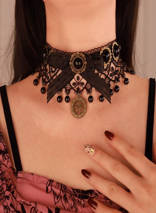Wiwpar Gothic Punk Style Black Lace Neck Chain Collar Choker Crystals Bead Gear Pendent Elegant Sexy Women Retro Necklace Victorian Steampunk Party Wedding Princess (Style5 - Image 2