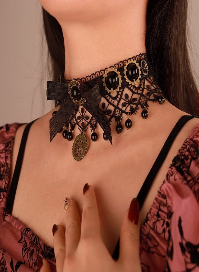 Wiwpar Gothic Punk Style Black Lace Neck Chain Collar Choker Crystals Bead Gear Pendent Elegant Sexy Women Retro Necklace Victorian Steampunk Party Wedding Princess (Style5 - Image 4