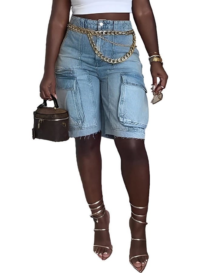 NRTHYE Women Denim Shorts High Waisted Straight Leg Casual Cargo Jean Shorts with Pockets, 00blue, M - Image 1