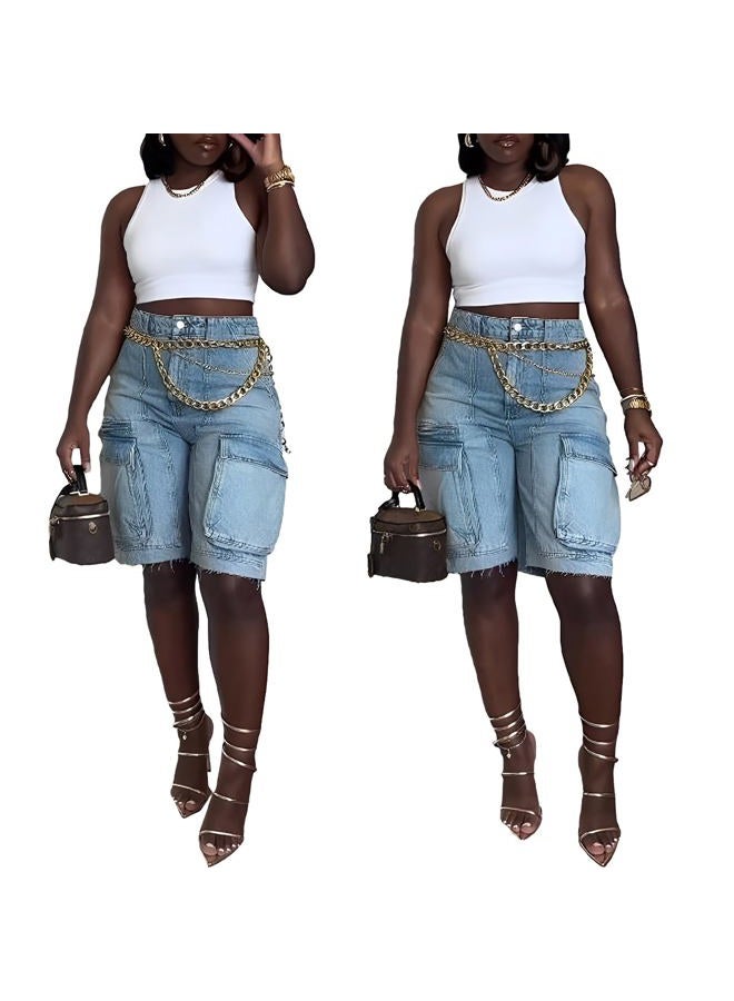 NRTHYE Women Denim Shorts High Waisted Straight Leg Casual Cargo Jean Shorts with Pockets, 00blue, M - Image 4