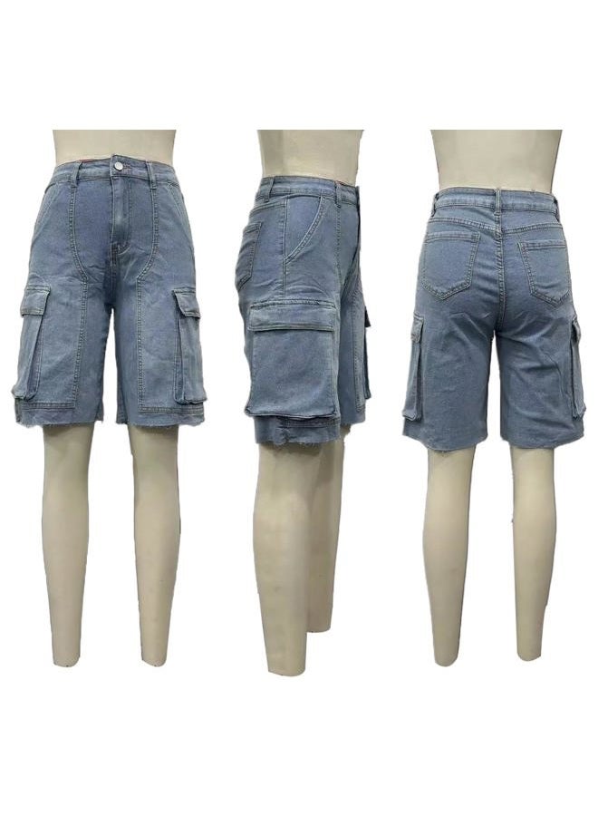 NRTHYE Women Denim Shorts High Waisted Straight Leg Casual Cargo Jean Shorts with Pockets, 00blue, M - Image 5