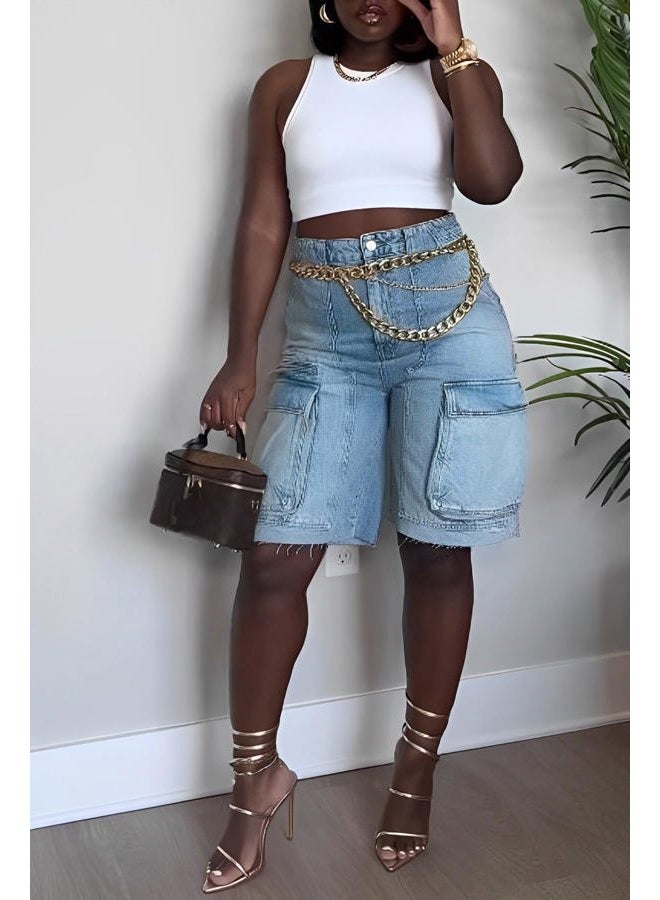 NRTHYE Women Denim Shorts High Waisted Straight Leg Casual Cargo Jean Shorts with Pockets, 00blue, M - Image 3