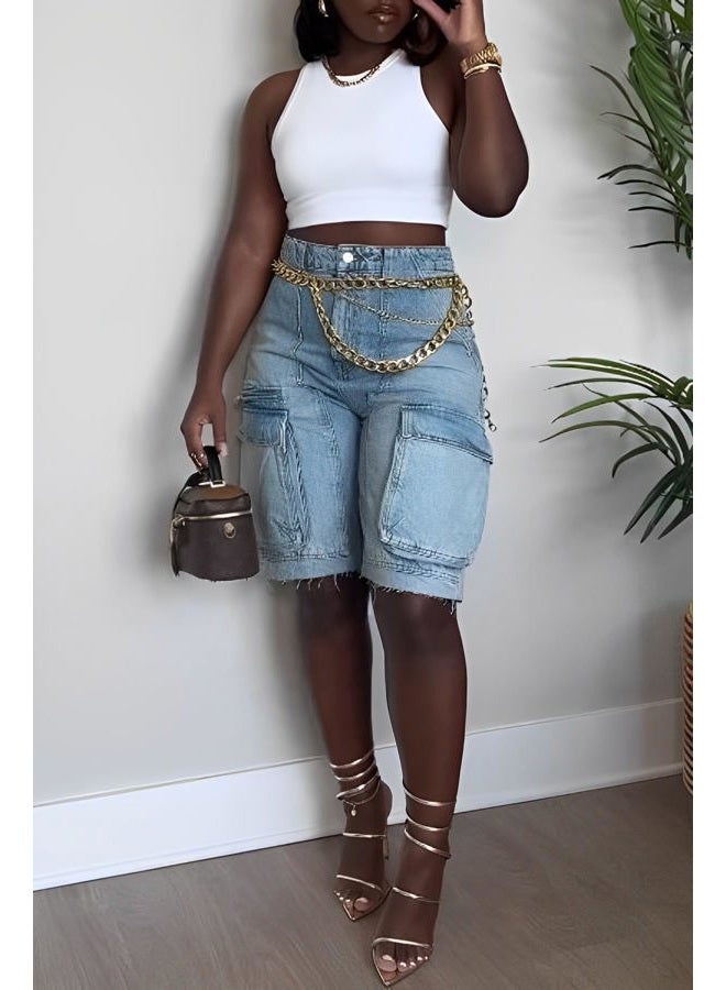 NRTHYE Women Denim Shorts High Waisted Straight Leg Casual Cargo Jean Shorts with Pockets, 00blue, M - Image 2