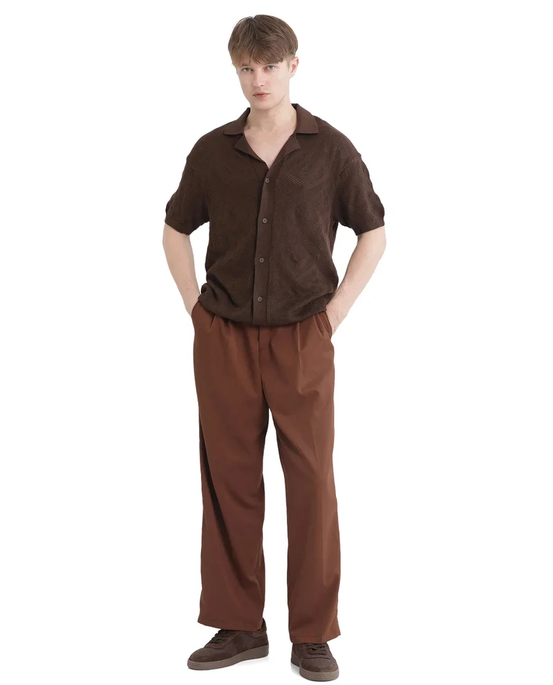 رير رابِت Rare Rabbit Men Wats Brown Cotton Fabric Short Sleeve Cuban Collared Button Closure Knitted Plain Shirt