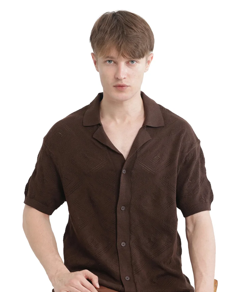 رير رابِت Rare Rabbit Men Wats Brown Cotton Fabric Short Sleeve Cuban Collared Button Closure Knitted Plain Shirt