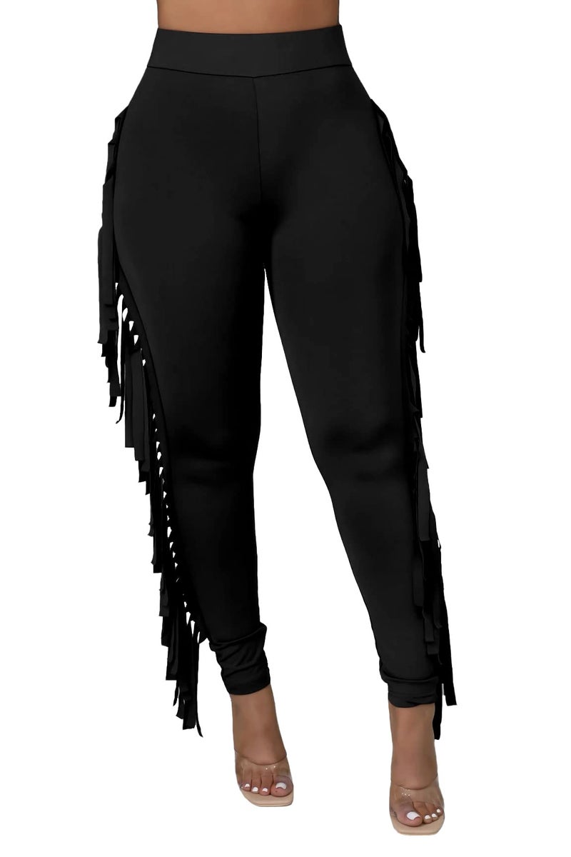 Choichic Women's Cute Slim Fit High Waisted Elastic Waist Tassels Side Bodycon Long Pants Jogger Sweatpant Trousers Lounge Pants Black Small - Image 1