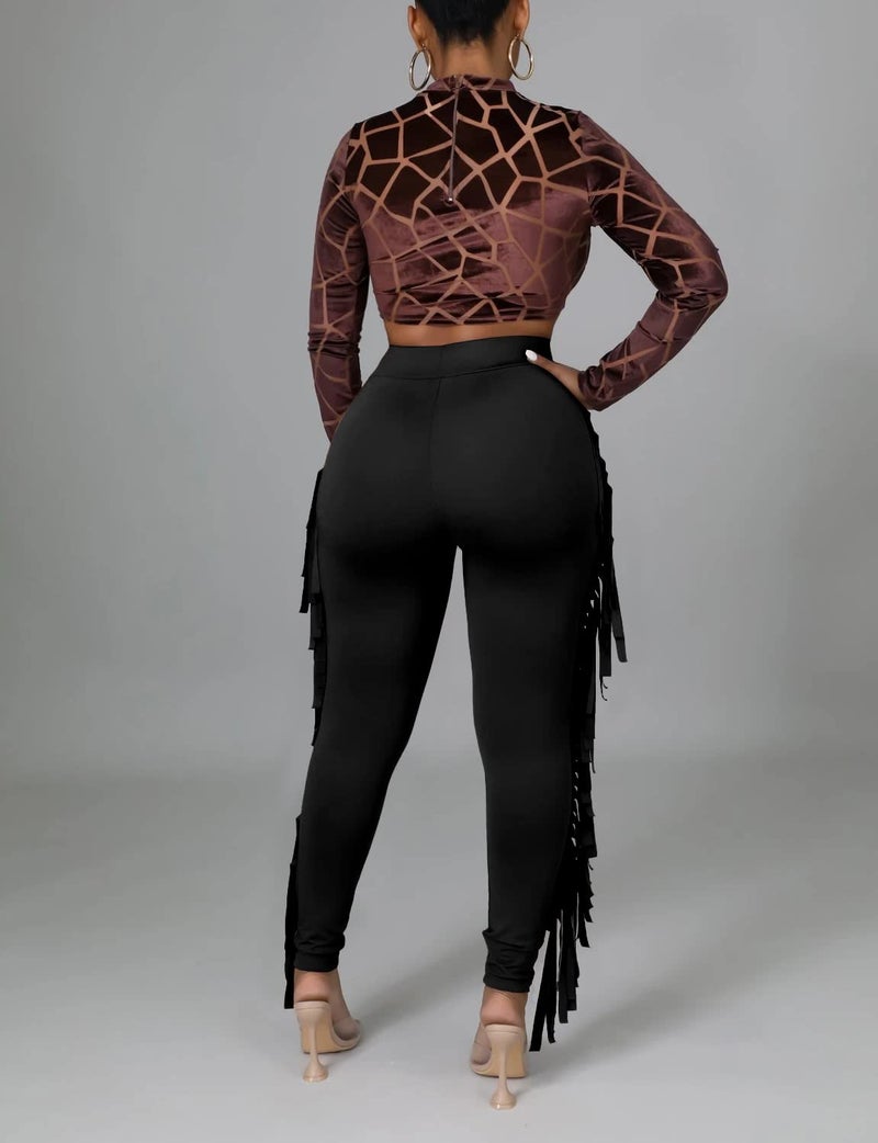 Choichic Women's Cute Slim Fit High Waisted Elastic Waist Tassels Side Bodycon Long Pants Jogger Sweatpant Trousers Lounge Pants Black Small - Image 4