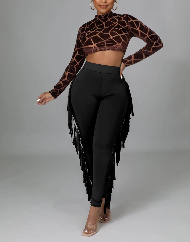 Choichic Women's Cute Slim Fit High Waisted Elastic Waist Tassels Side Bodycon Long Pants Jogger Sweatpant Trousers Lounge Pants Black Small - Image 2