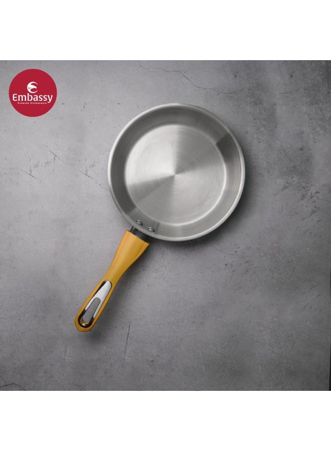 Embassy Stainless Steel Premium Thickply Frypan, Wooden-Finish Handle (1400 ml, Size 12) - Image 2