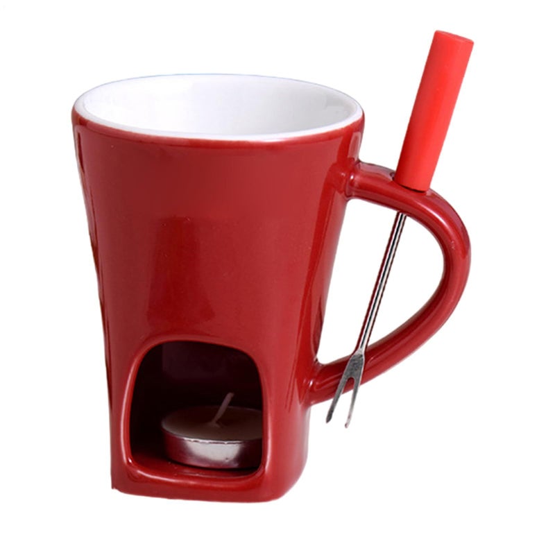 Red Ceramic Chocolate Fondue Mug With Fork And Candle For Family Party Holiday Celebration Dessert - Image 2