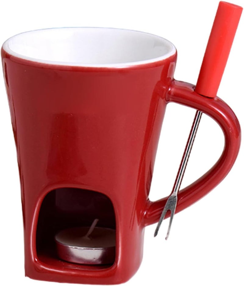 Red Ceramic Chocolate Fondue Mug With Fork And Candle For Family Party Holiday Celebration Dessert - Image 1