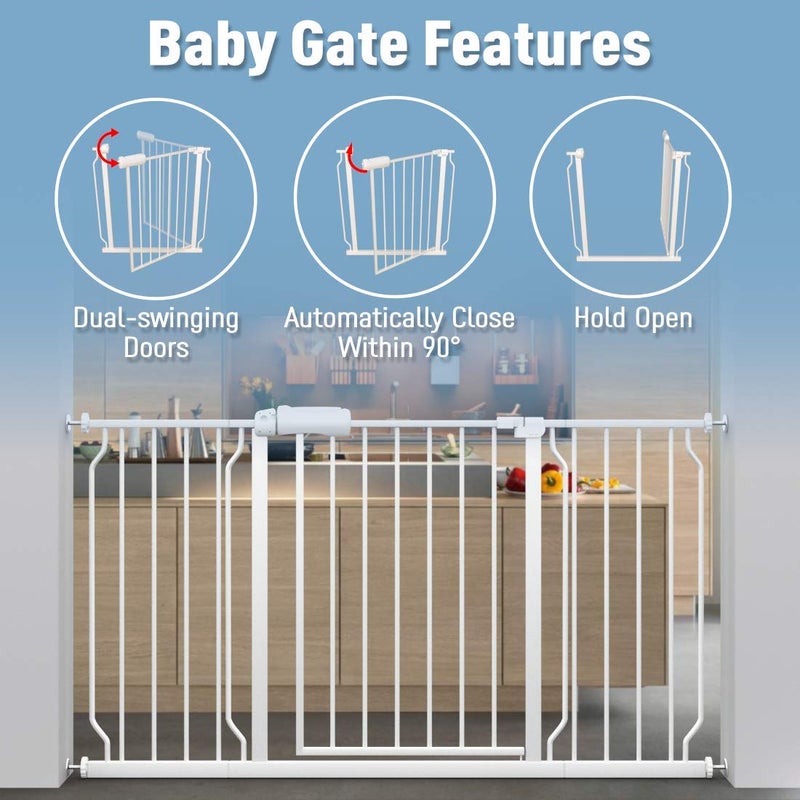 ALLAIBB Extra Wide Pressure Mount Baby Gate Auto Close White Metal Child Dog Pet Safety Gates with Walk Through for Stairs,Doorways,Kitchen and Living Room Suit for 57.48-62.20inch - Image 4
