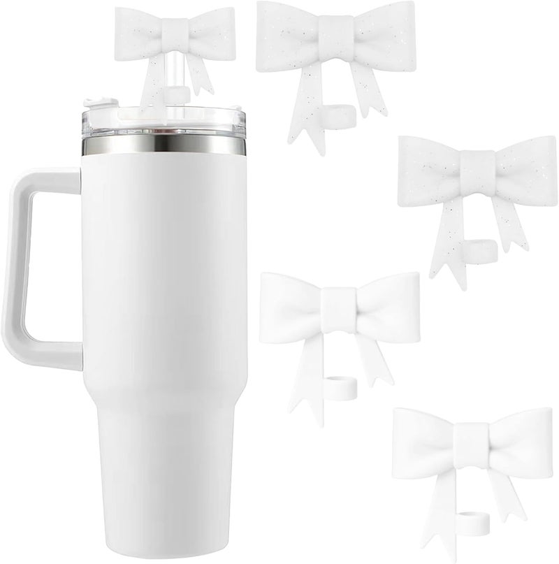 Hpebl 4Pcs Silicone Straw Toppers Covers for Stanley Cups 40/30oz 10mm(0.4in) Flash White Dust-Proof Bow Straw Covers Toppers White Suitbale for Stanley Cup Accessories Reusable Straws Caps - Image 1