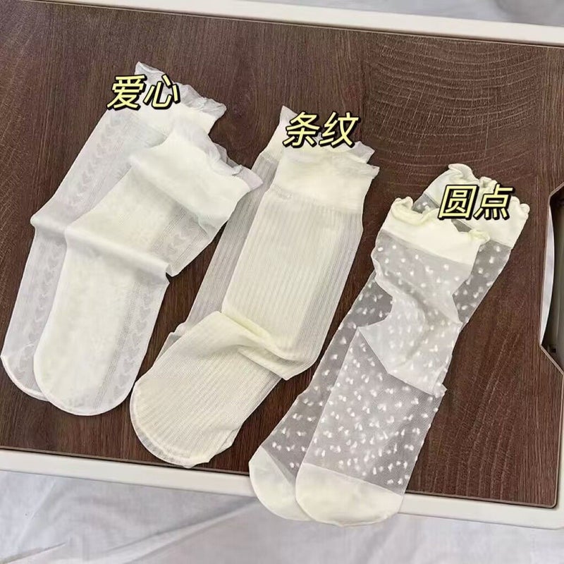 Mid-Tube Socks Lace Summer Thin Wooden Ear Pile Socks Socks Women'S Ice Silk Socks Sports Breathable - Image 2